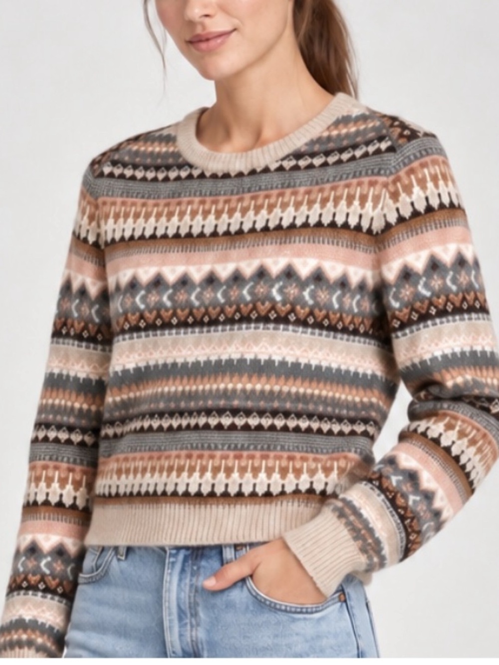 J. Crew Fair Isle Crewneck Sweater in Cream, Brown, Grey